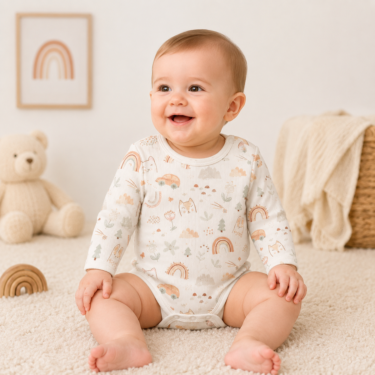 Unisex Baby Body - langarm mit süßem Waldmotiv