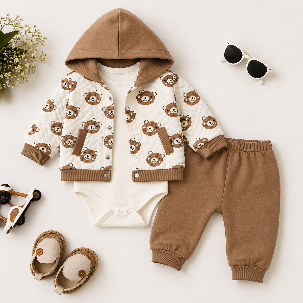3-teiliges Baby Set mit Bärenmotiv – Braun
