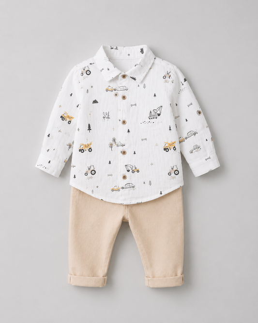 Baby Jungen 2-teiliges Outfit – Hemd mit Fahrzeugprint & Hose
