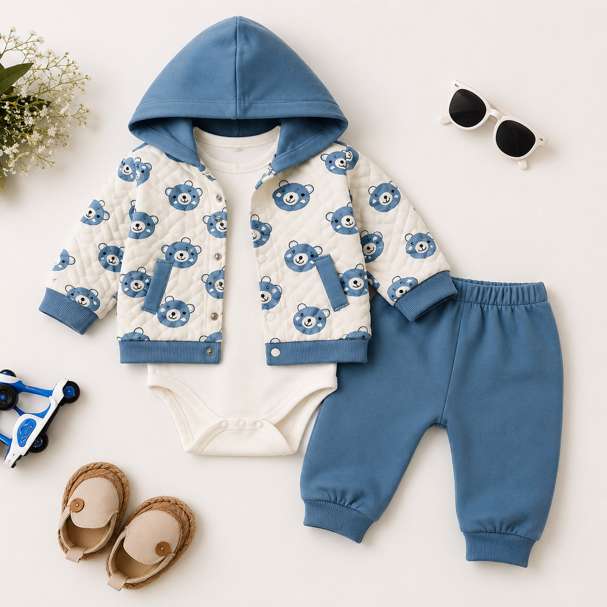3-teiliges Baby Set mit Bärenmotiv – Jacke, Body & Hose