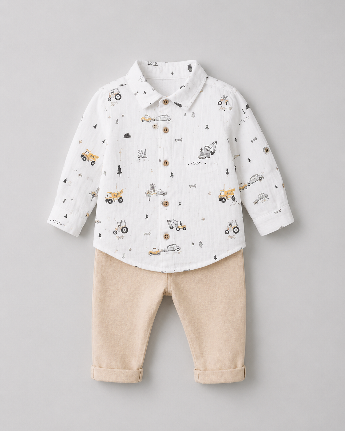 Baby Jungen 2-teiliges Outfit – Hemd mit Fahrzeugprint & Hose