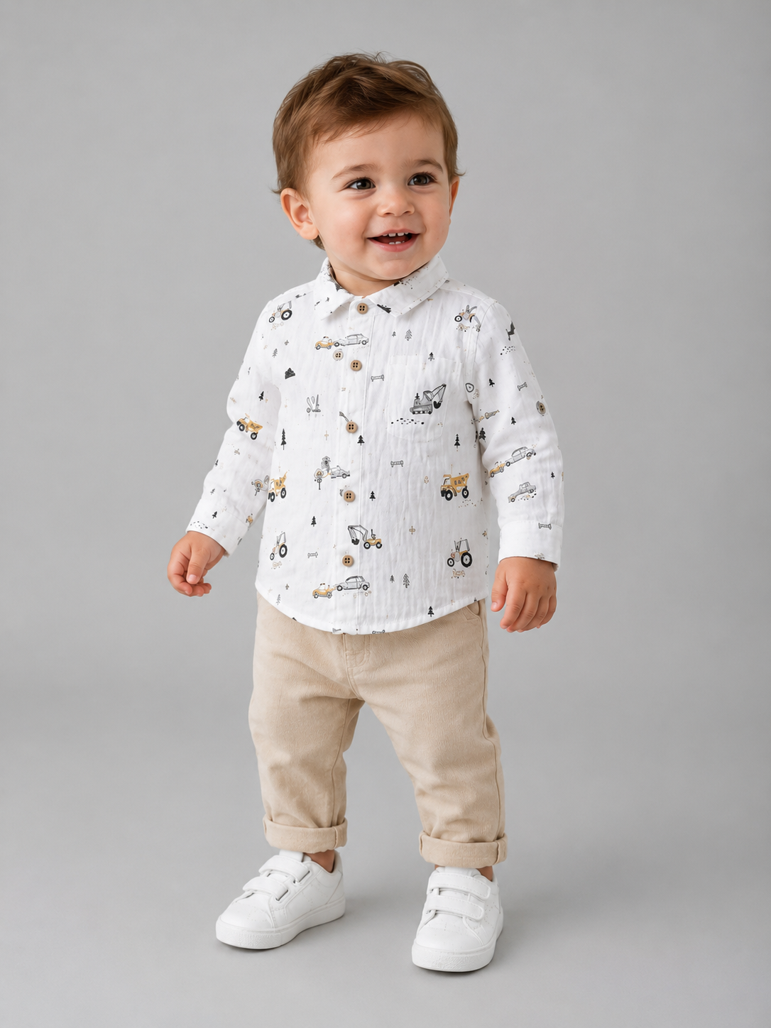 Baby Jungen 2-teiliges Outfit – Hemd mit Fahrzeugprint & Hose