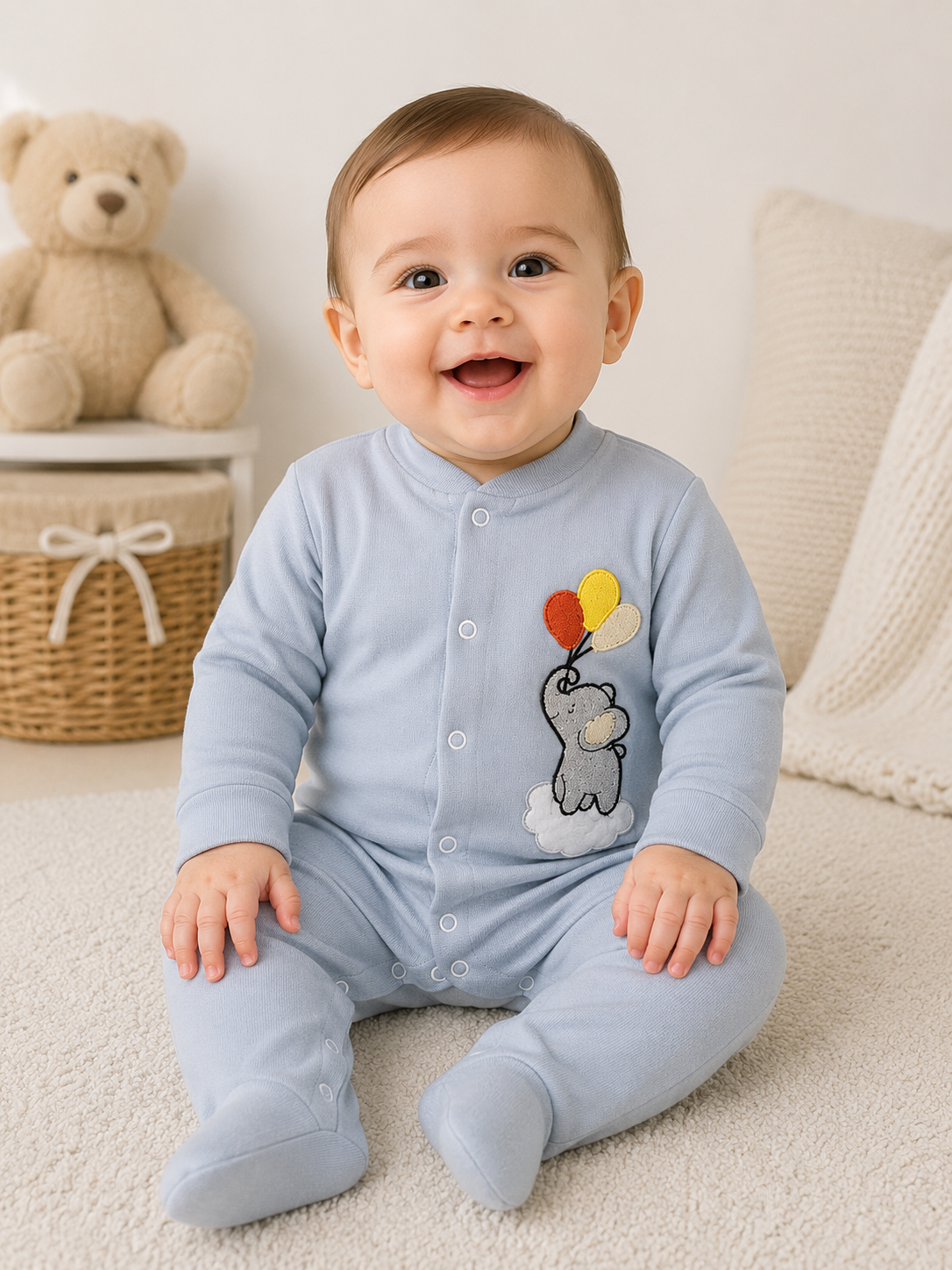 🐘 Baby Strampler mit Elefanten-Motiv – Hellblau