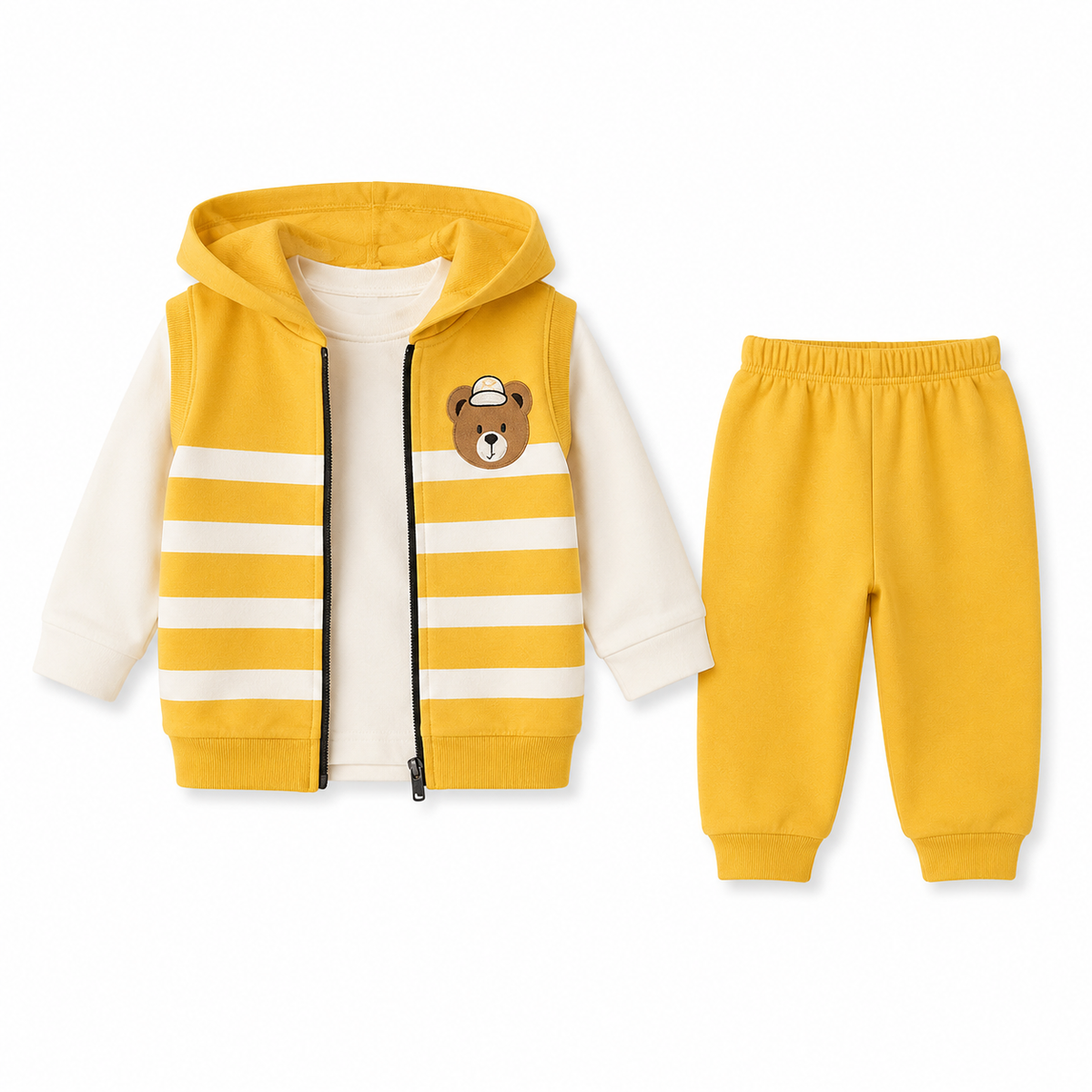 🧸 Baby Jungen 3-teiliges Set mit Kapuzenweste – Gelb &amp; Dunkelblau 💛💙
