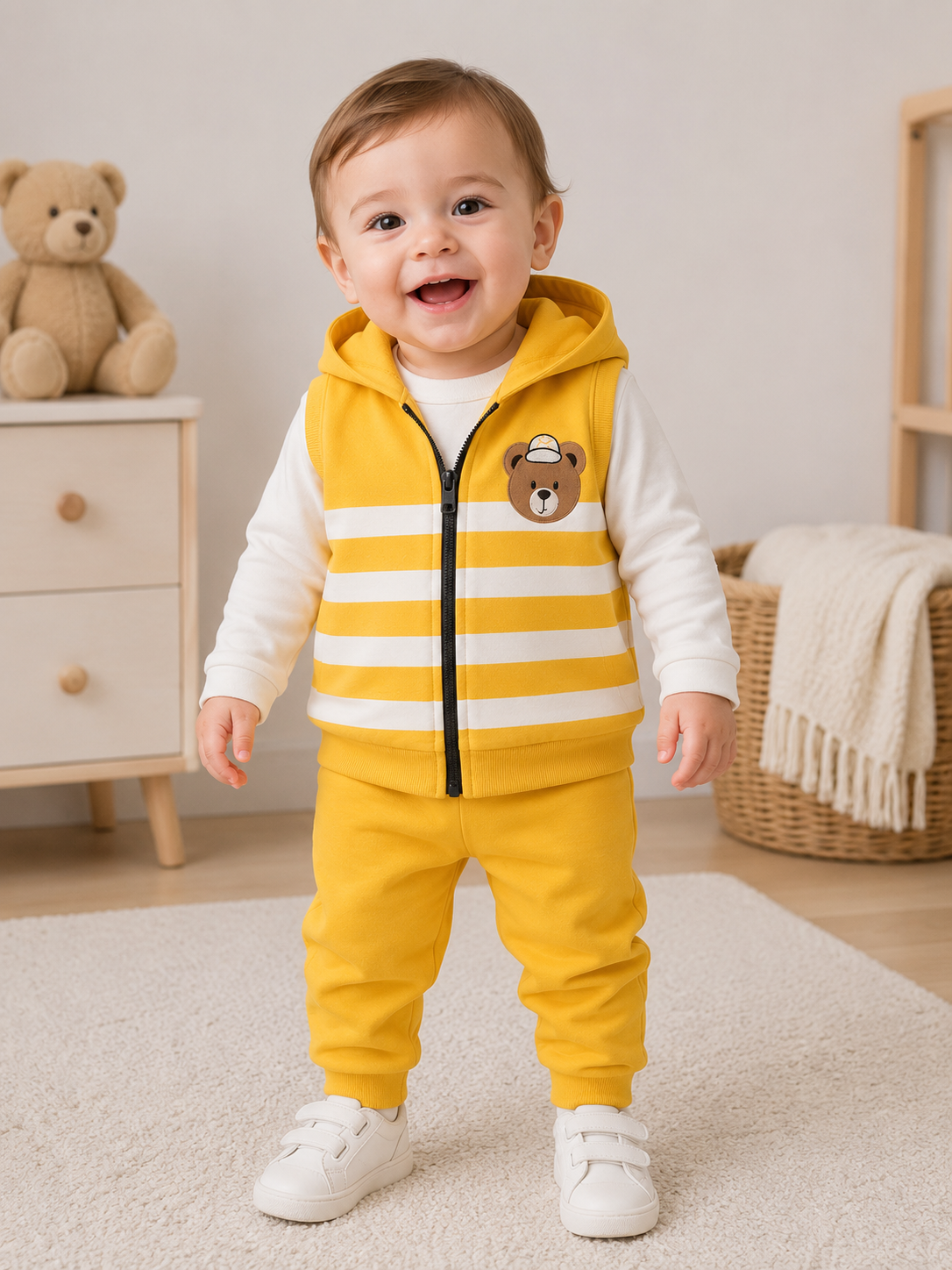 🧸 Baby Jungen 3-teiliges Set mit Kapuzenweste – Gelb &amp; Dunkelblau 💛💙