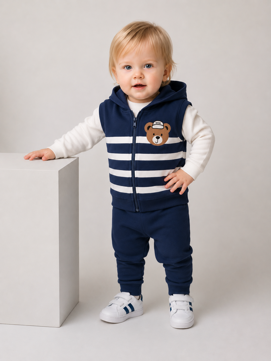 🧸 Baby Jungen 3-teiliges Set mit Kapuzenweste – Gelb &amp; Dunkelblau 💛💙